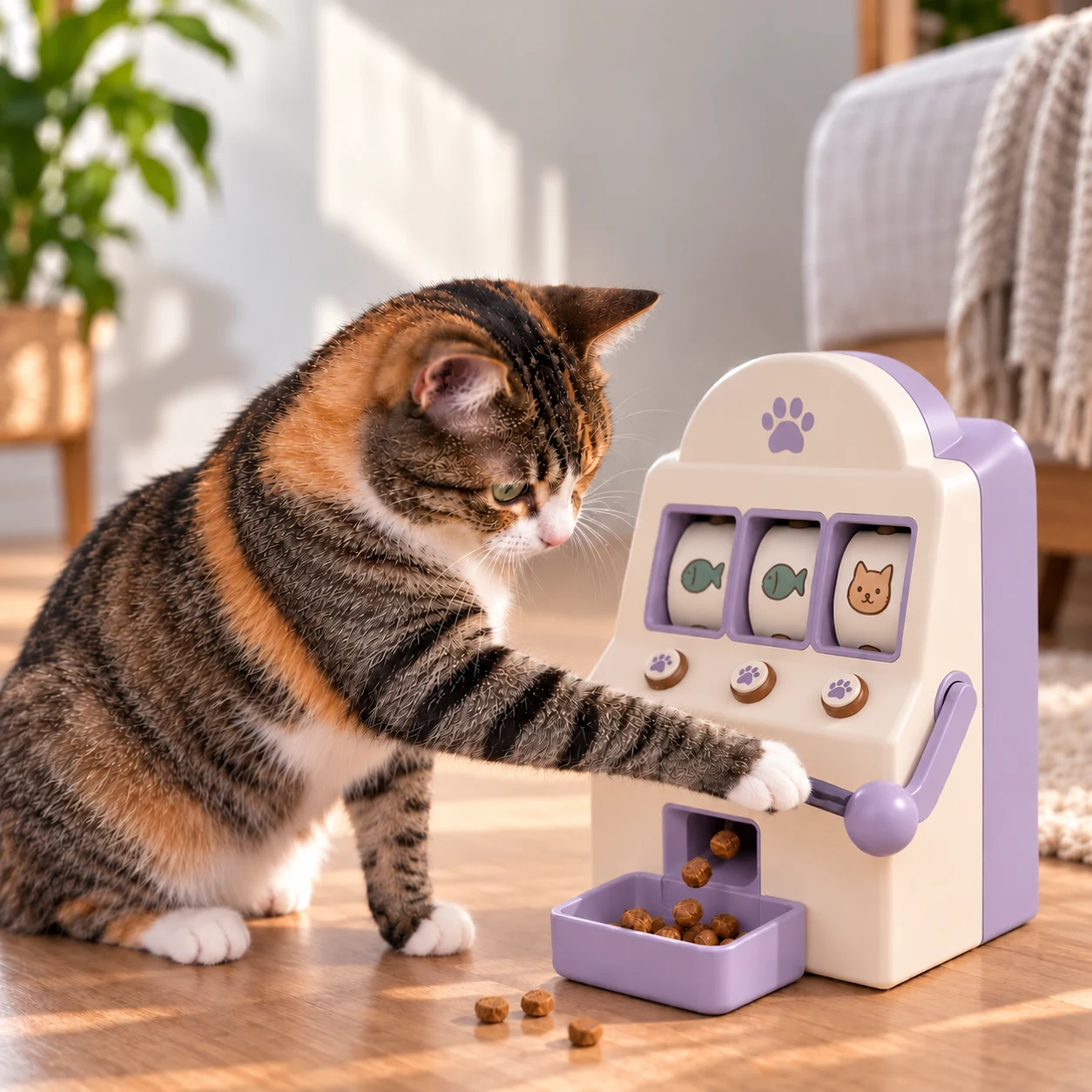 Lavender and cream Ucika Cat Slot Machine treat dispenser